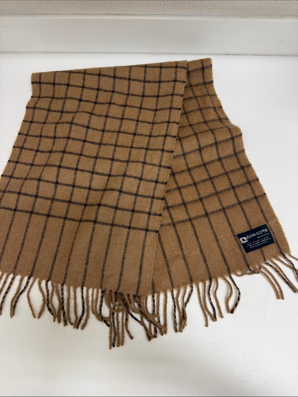 100% Camel Hair Don Loper Tan Windowpane Wool Scarf